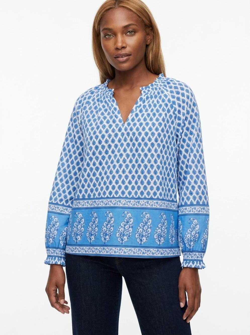 J.Crew Blue V-Neck Lightweight Paisley Breathable Blouse Women Size L